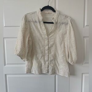 Solitaire Cream Eyelet Puff 3/4 Sleeve Boho Button Boxy Blouse Size X-Large
